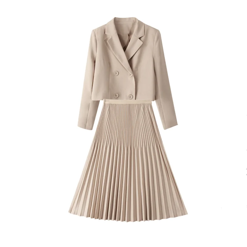 

Luck A Skirt Set Korean Chic OL Two Piece Set Women Crop Top Casual Blazer Coat Pleated Long Skirt Suits Female 2 Piece Set