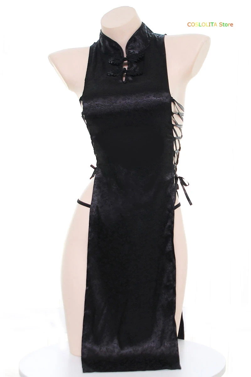 

Women Black Bandage Hollow Out Cheongsam Pajamas Young Girl Student Classical Sweet Nightdress High Split Sexy Sleepwear Cosplay