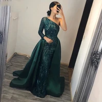 long emerald green evening dresses sexy one shoulder full sleeve mermaid with detachable train formal prom dress for lady