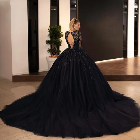 LORIE Ball Gown Black Wedding Dresses Sequin Lace Appliques Bridal Gowns with Long Sleeve Lace-up Princess Party Dress Plus Size