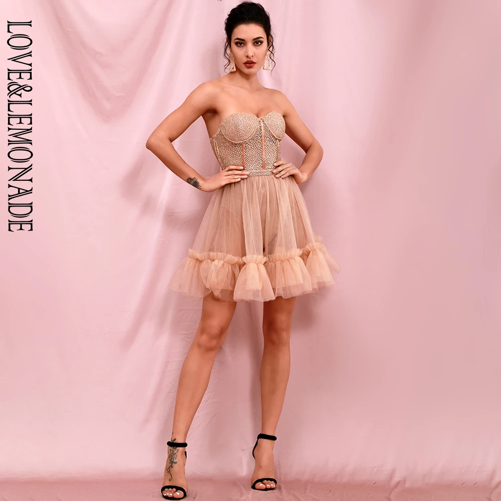 Женское мини-платье LOVE &amp LEMONADE золотистое прозрачное Сетчатое Пышное вечерние