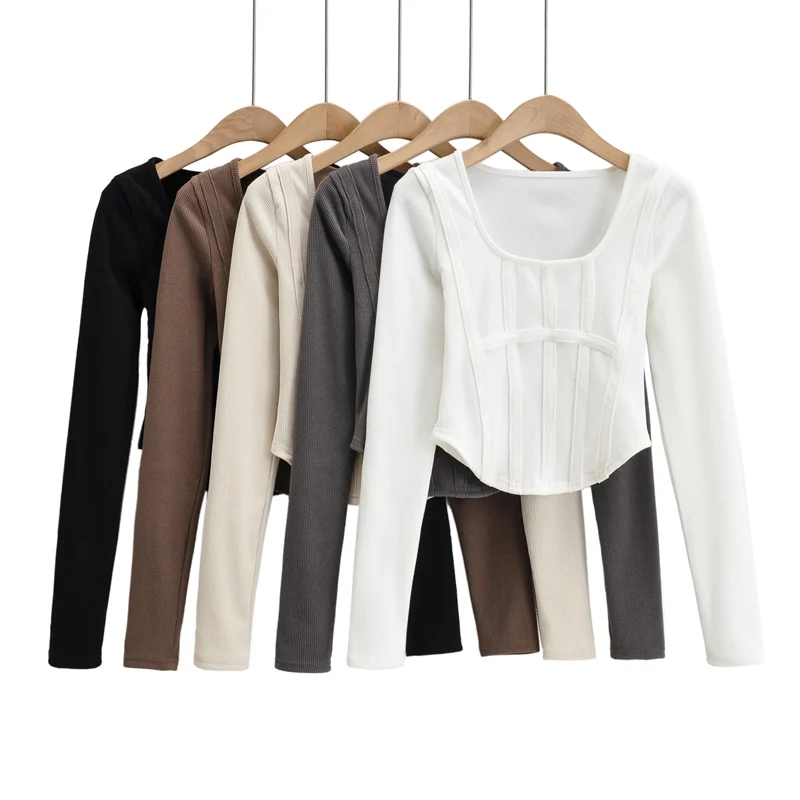 

Корейский модный топ с длинным рукавом, пикантные повседневные топы, женский укороченный топ, женские рубашки, милый топ с квадратным вырез...