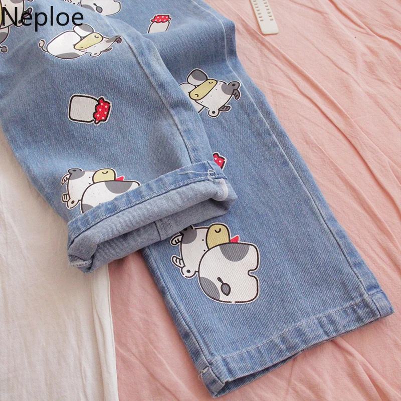 Свободные брюки Neploe в стиле Харадзюку с коровьим принтом прямые джинсовые