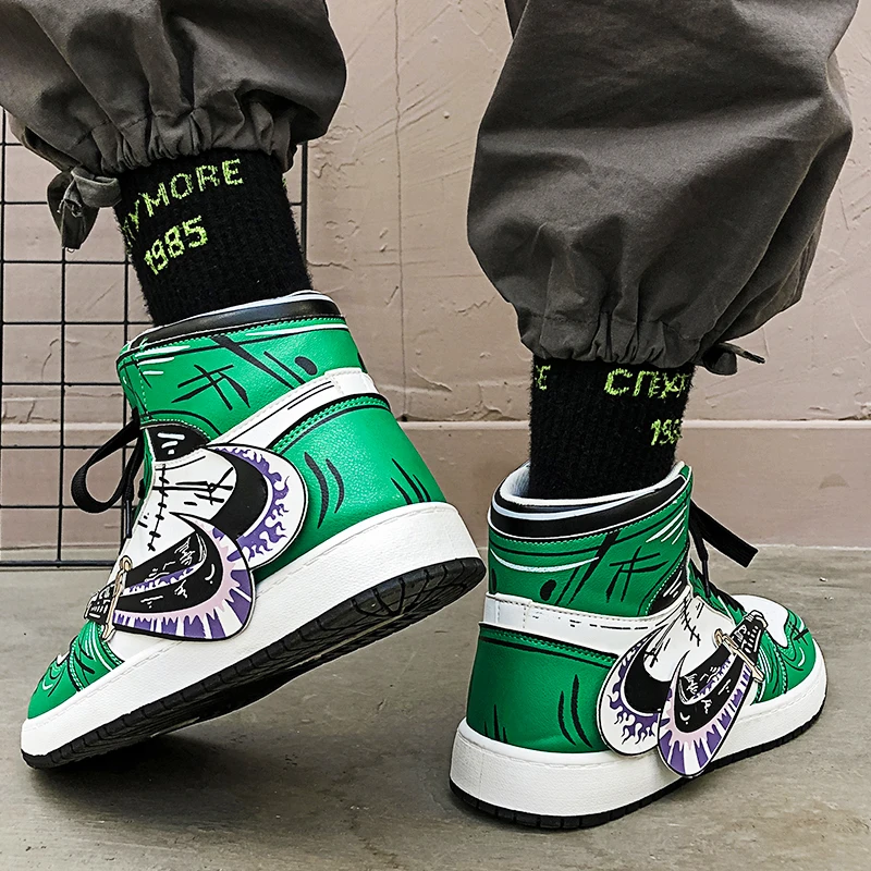 Autumn Winter Fashion Green Men's Anime Shoes Leather Flats Boots High Men Skateboard Sneakers Vulcanized Shoes Zapatillas Skate