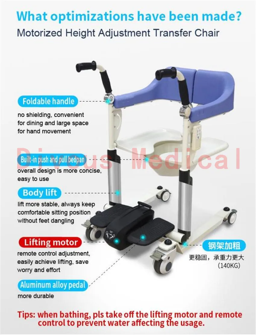 

Free Shipping Electric Lift Remote Control Transfer Chair for Elderly and Disabled Automatic Adjustable Height Portable potty