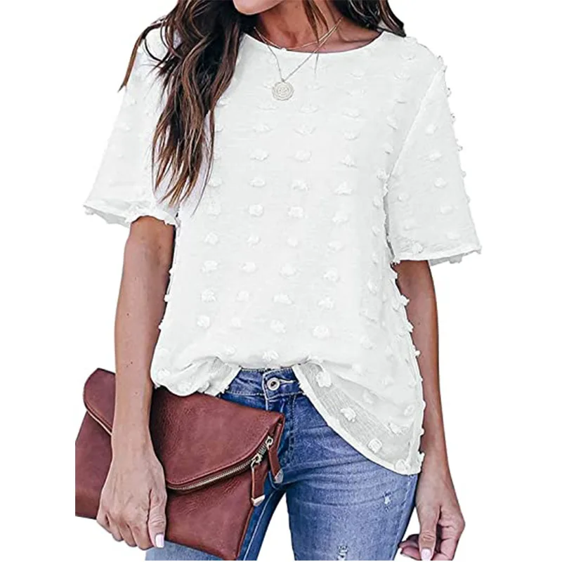 

2021 Summer Women Blouses White Blue Short Sleeve Chiffon Shirt Office Ladies Balls Tops Casual Black Blouse Blusas De Mujer