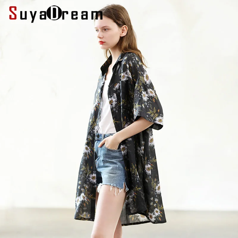 Женская длинная рубашка SuyaDream черная офисная блузка с коротким рукавом и