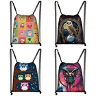 Холщовая Сумка на шнурке для женщин, модный дорожный ранец с принтом милой совы для детей