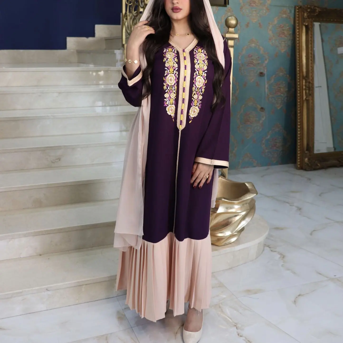 

Wepbel Stitching Robe Caftan Islamic Clothing Hijab Muslim Maxi Dress Middle East Arab Dubai Dress Abaya Embroidered Lace