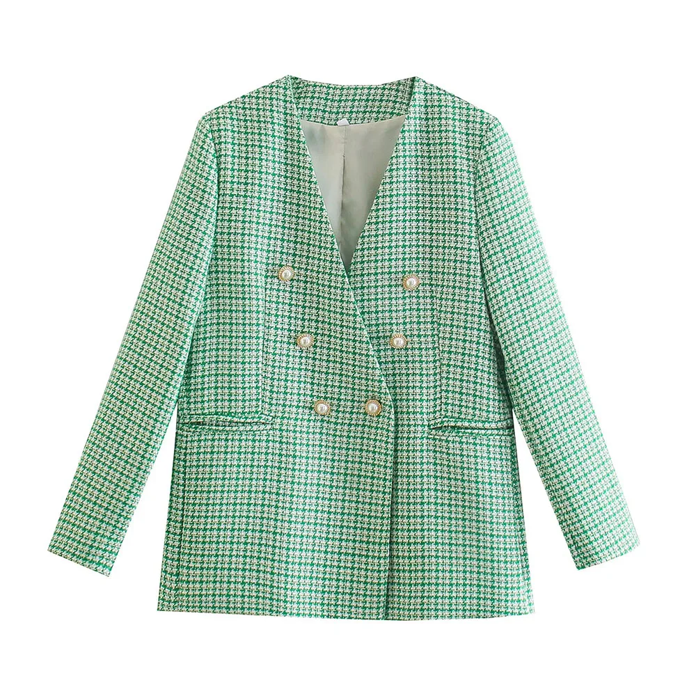 

DYLQFS 2021 Tweed Green Plaid Women Vintage Long Sleeve Slim Office Lady Blazer Female Double Breasted Streetweaer Suit Top