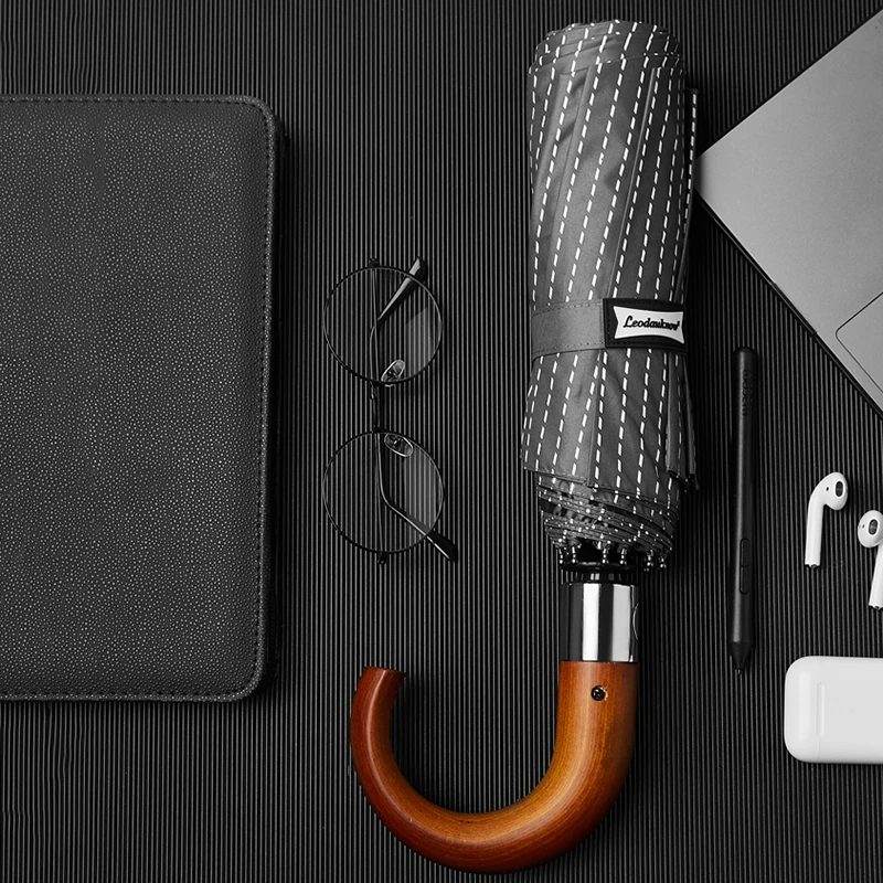 

2019 New Automatic Folding Umbrella Men Women Wooden Handle Stripe Style Umbrellas Windproof 10 Ribs Anti UV Parasol