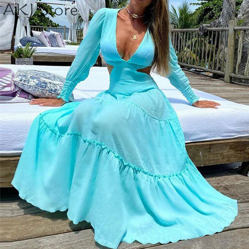 

Women Sexy V-Neck Hollow Irregular Ruched Long Sleeve Floor-Length Dress