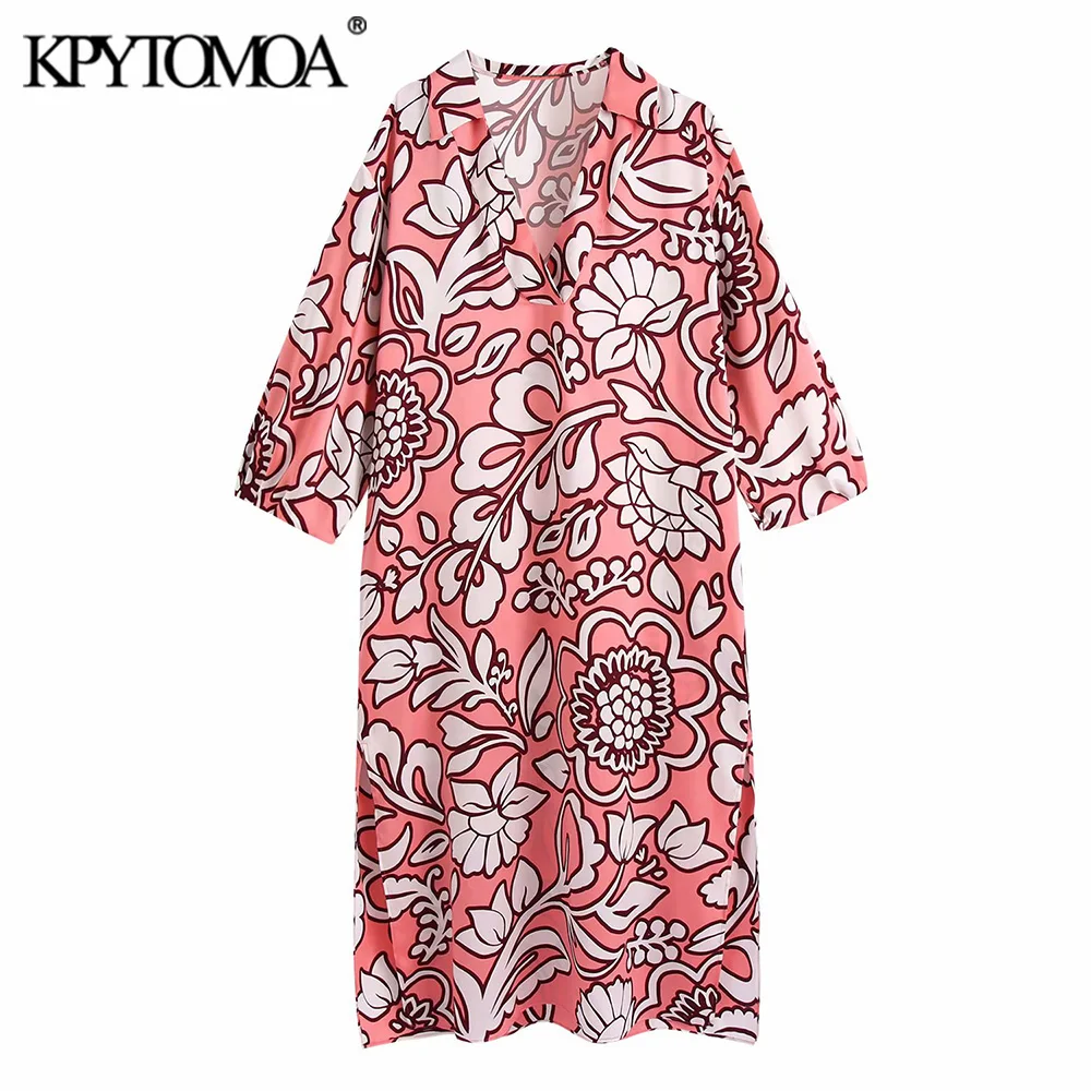 

KPYTOMOA Women 2021 Fashion Floral Print Side Slit Midi Dress Vintage V Neck Three Quarter Sleeve Female Dresses Vestidos