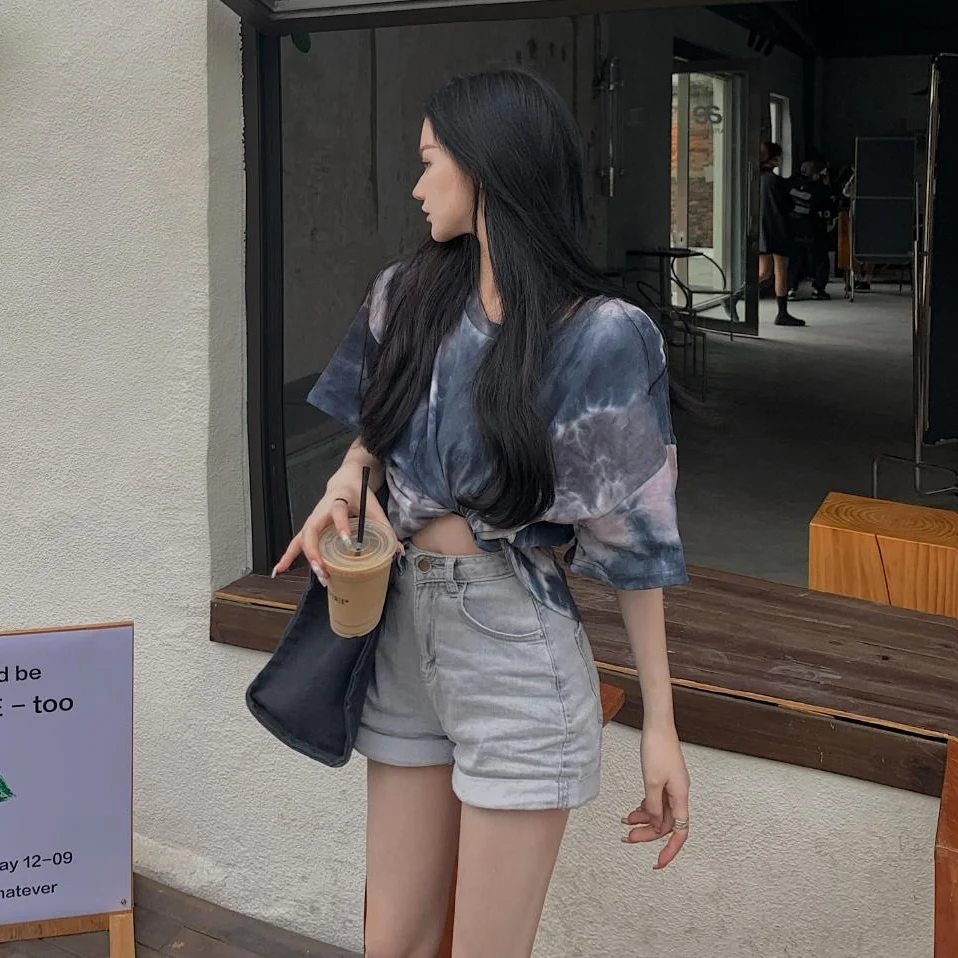 Футболки женские с принтом на завязках летние свободные длинные модные футболки