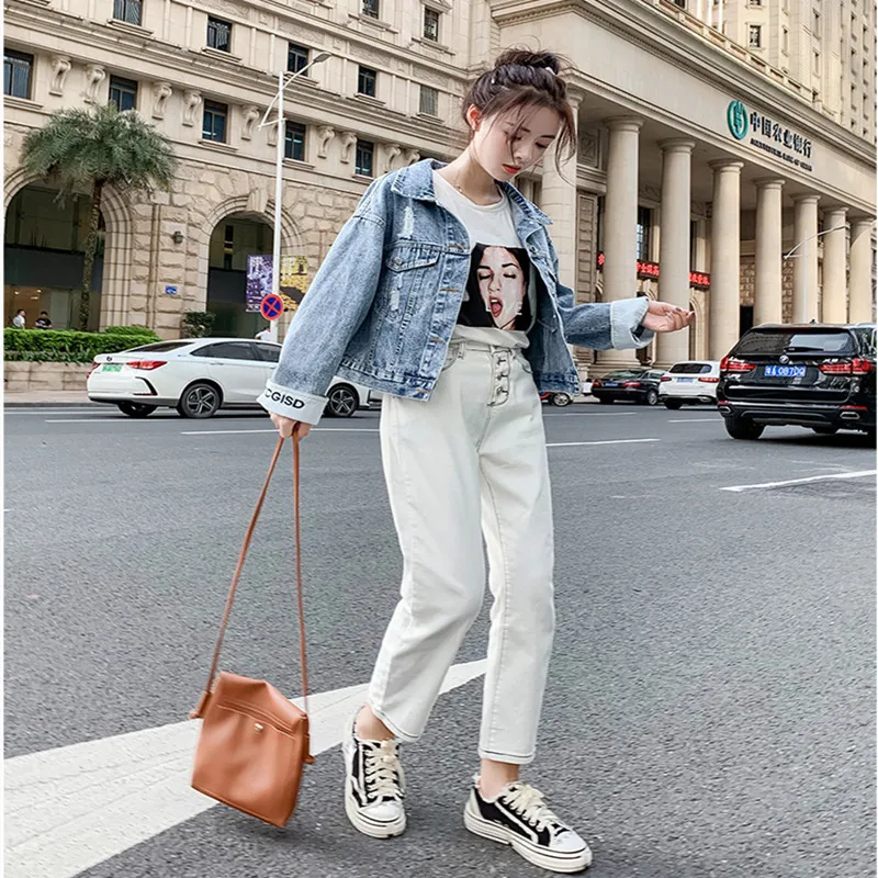 2019 Новая модная джинсовая куртка с буквенным принтом светло-голубой бомбер