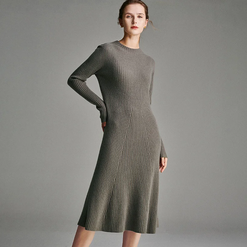 

SHZQ 100% Wool Dress Aw2021 New Grey Half High Neck Long Sleeve Knitted Inner Skirt Children's Medium Length