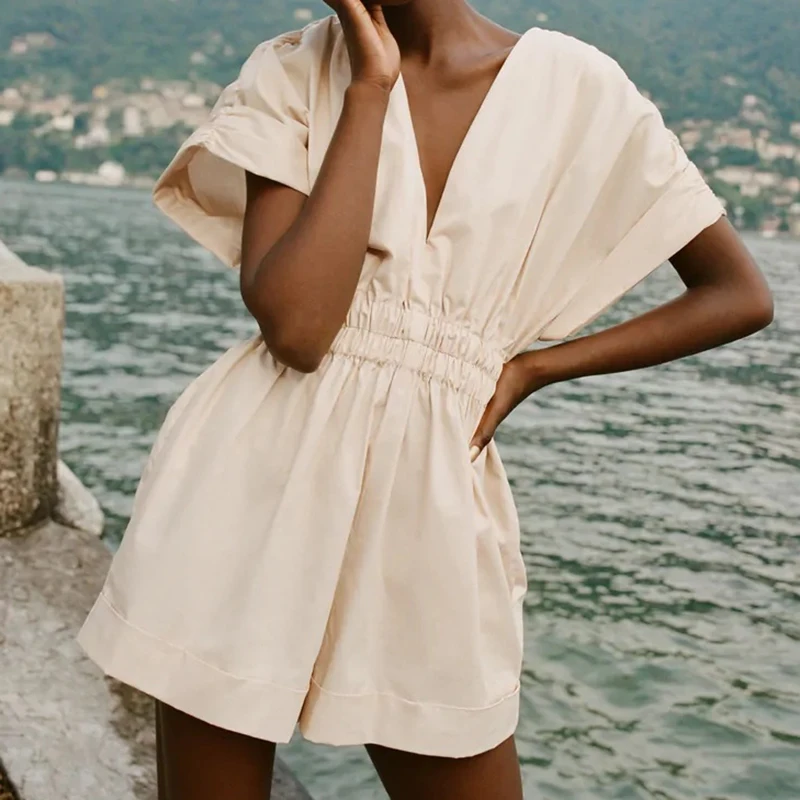 

Женский плиссированный комбинезон, повседневный однотонный бежевый комбинезон свободного покроя с эластичной завышенной талией, лето 2022