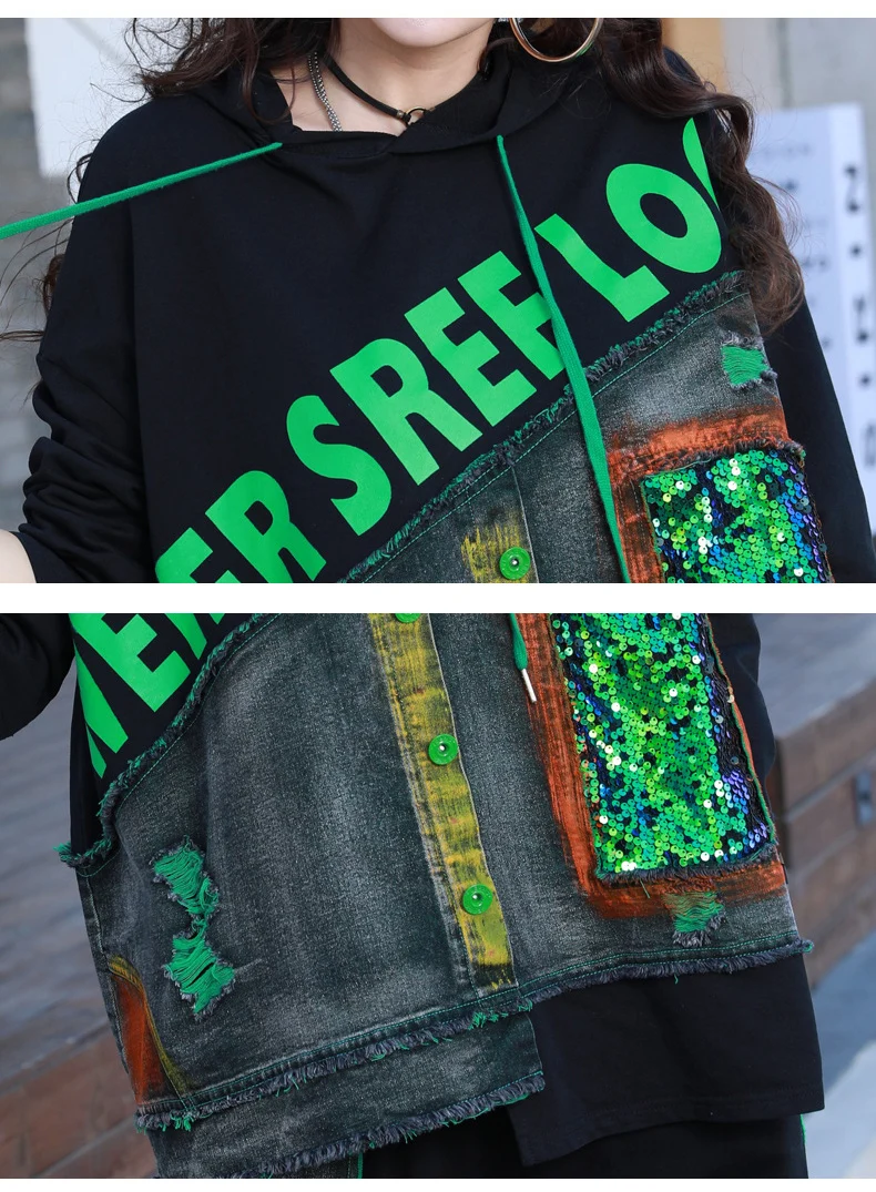 

Trendy Two Piece Set Sequin Tracksuit Hooded Patchwork Women Loungewear Suit Hoodie Outfits Korean Harakuju Jogger Pants 2 Pcs