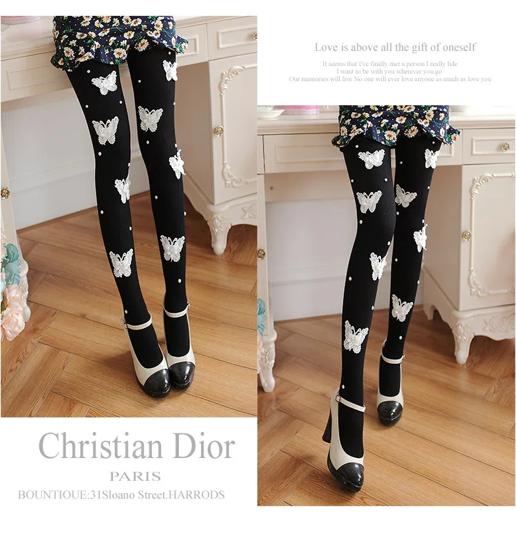 Autumn Winter Pantyhose Women Sweet Princess Embroidered Nails Beads Stockings Sexy Black Transparent Arbitrary Shearing Tights