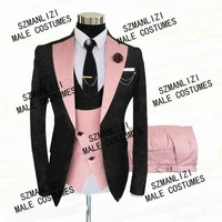 black pattern jacquard jacket suit for men 2021 pink lapel vest pants 3 pcs slim fit male groom blazer prom party wedding suit