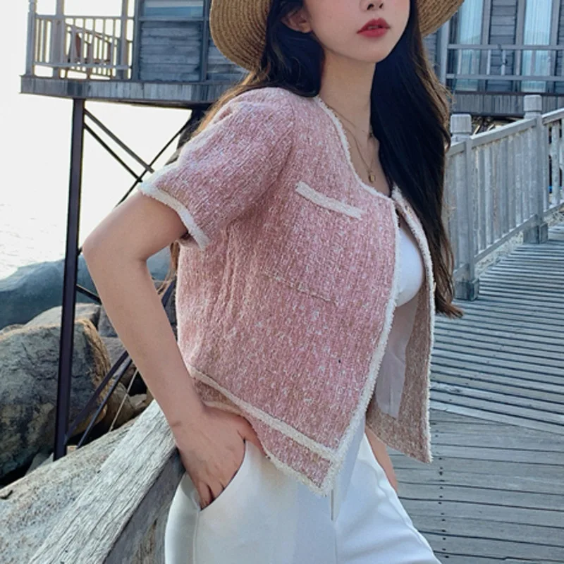 

Vintage Tweed Short Coat For Women 2021 Summer Short Sleeve Plaid Crop Top Casual Woolen Jackets Coat Female Streetwear Outwear