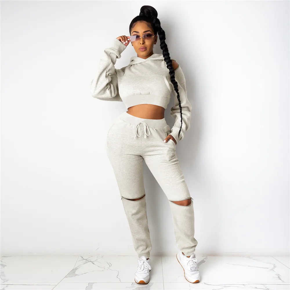 

Tmustobe Женский комплект 2 шт. с открытыми плечами уличная одежда кроп-топ с капюшоном на повязке Высокая талия отверстие молнии спортивные шта...