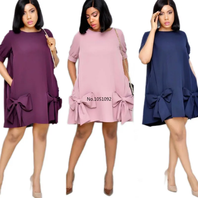 Женское мини Свободное платье с короткими рукавами и круглым вырезом бантиком