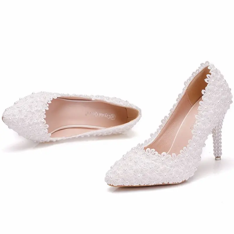 Fashion women thin high heels sexy party shoes women pumps wedding banquet Lace PU Rhinestones Slip On 9.5CM Pointed Toe white
