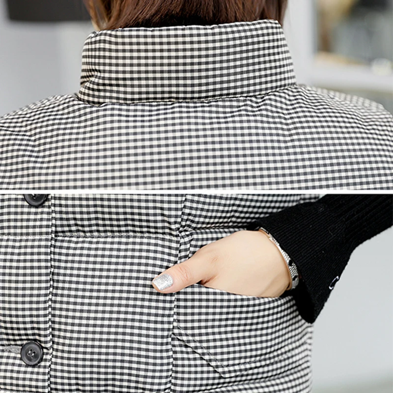 

Plaid Short Jacket Women Sleeveless Vest Plus Size 3XL Down Cotton Padded Jacket Female Veats Stand Collar Sleeveless Waistcoat