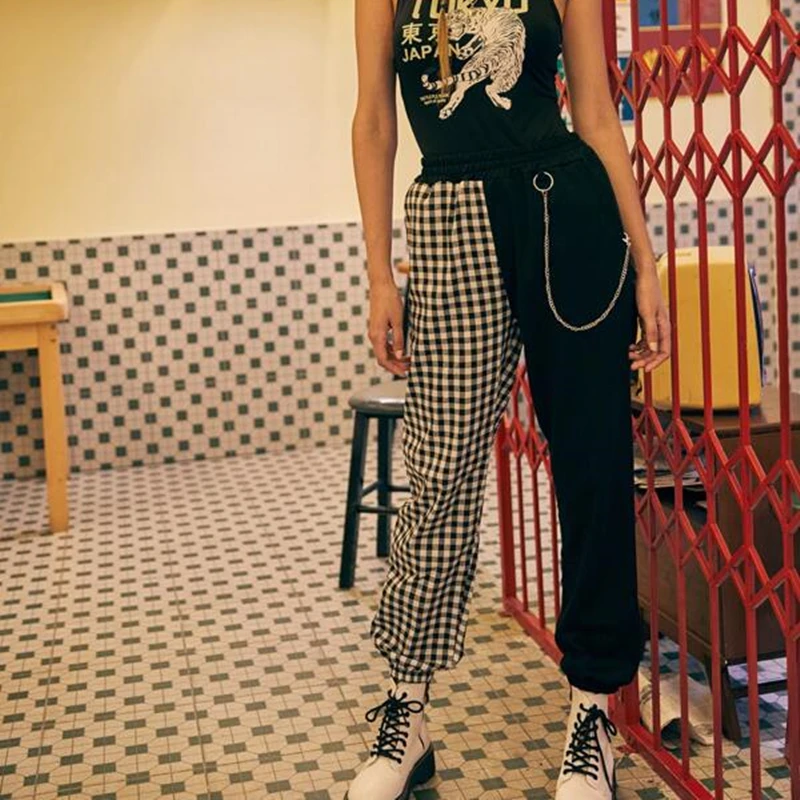 

Women's Jogger Pants High-Waist Trousers Patchwork Plaid Casual Loose Decorative Chain Wear Sports Bottoms