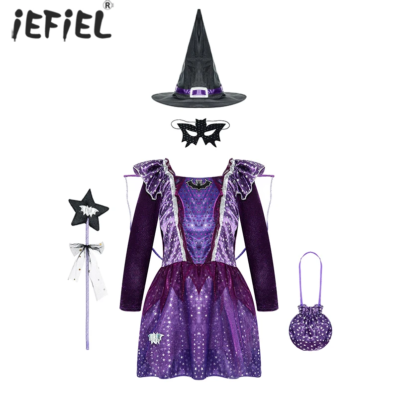 

Детский костюм ведьмы летучей мыши для девочек, фиолетовый костюм с принтом звезд, шапка с крыльями, маска, сумка, Сказочная палочка, костюм ...