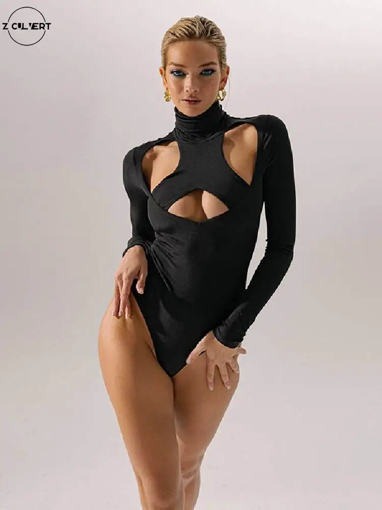 

Autumn And Winter 2021 The New Sexy Hollow Out Turtleneck Bodysuit Long Sleeve Tights Solid Elegant Fashion Knitted Women