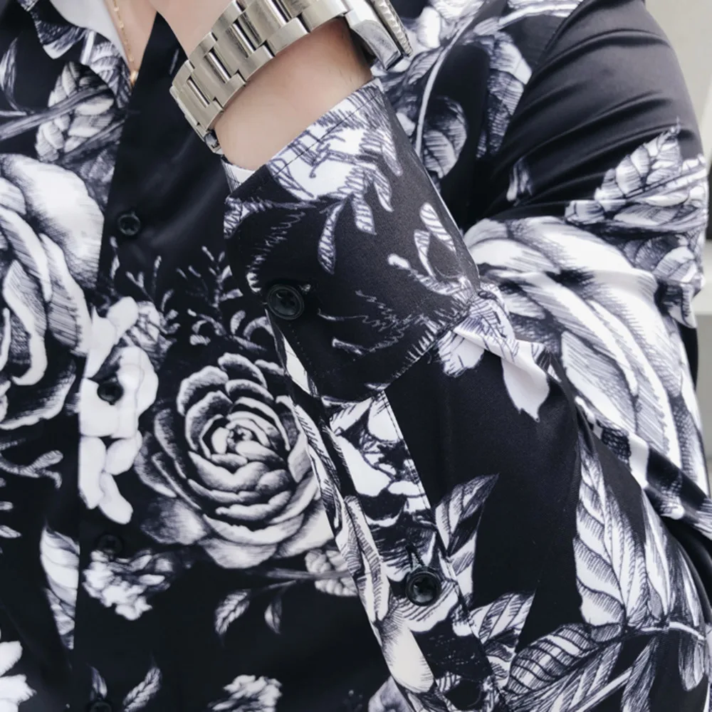

Floral Print Mens Shirts Long Sleeve Casual Slim Fit Dress Shirt Camisa Masculina Men Streetwear Night Club Party Hawaiian Shirt