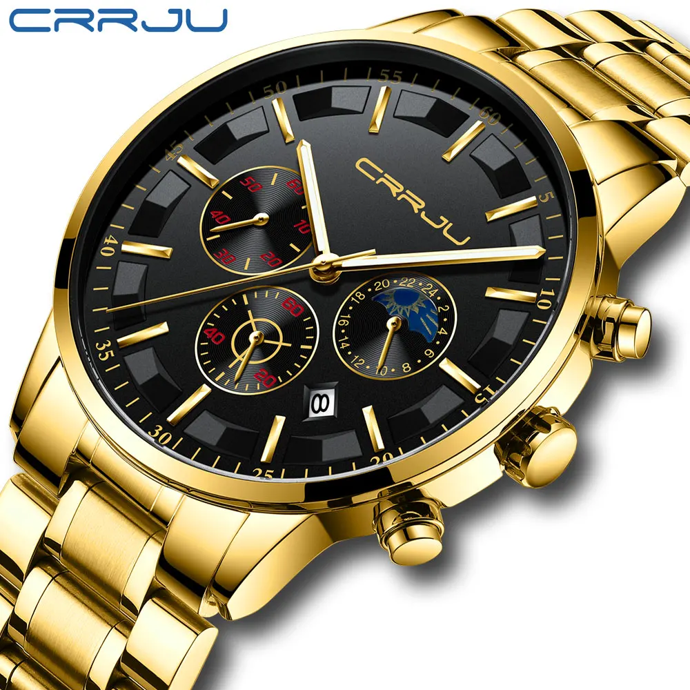 

CRRJU 2021 новые модные деловые часы мужские часы лучший бренд класса люкс все стальные водонепроницаемые кварцевые золотые часы Relogio Masculino