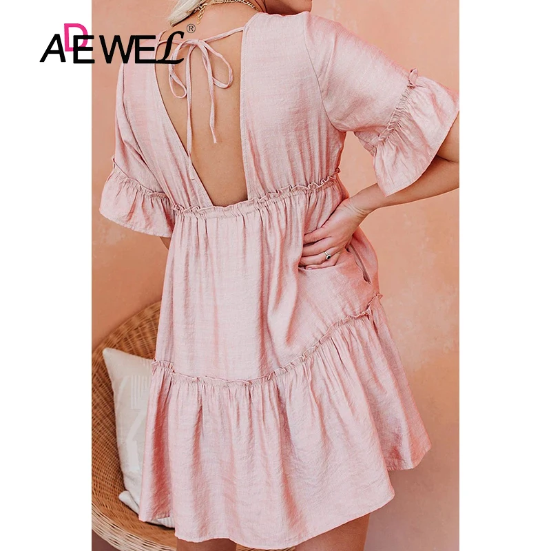 

ADEWEL Pink Apricot Pocketed Ruffle Tiered Dress V Neck Push Up Vestido De Mujer Summer Bodycon Dresses Kobieta Sukienka XL