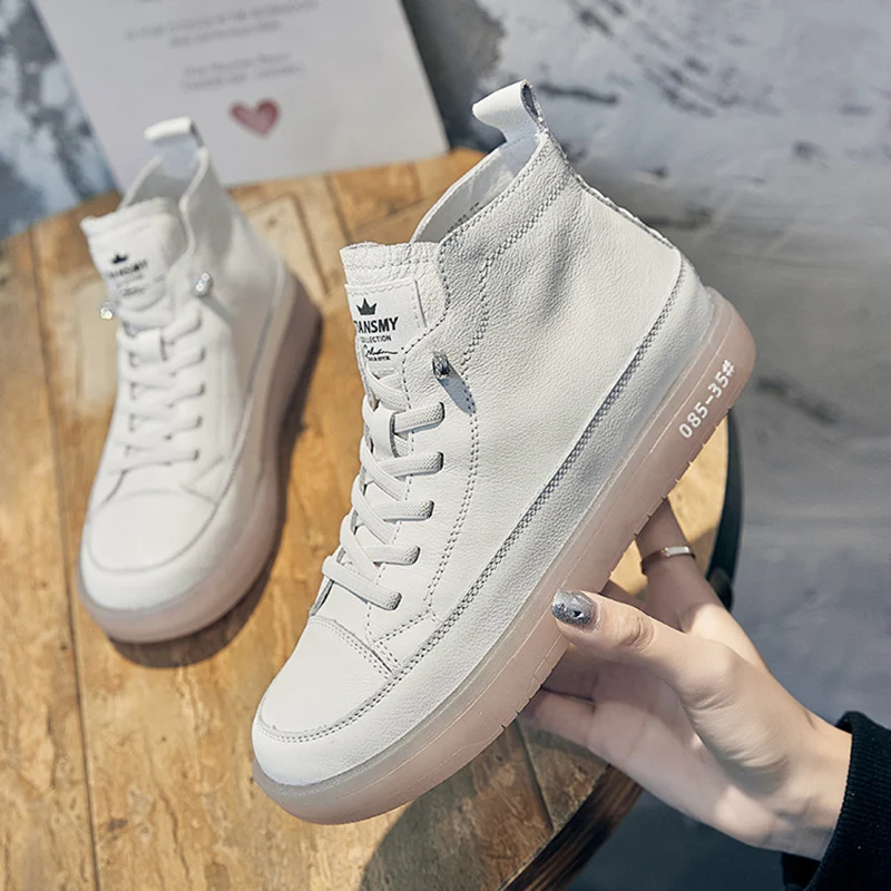 

Spring Summer Women's Shoes Genuine Leather High-Top Shoes Ladies First Layer Cowhide Beef Tendon Bottom Small White Shoes Women