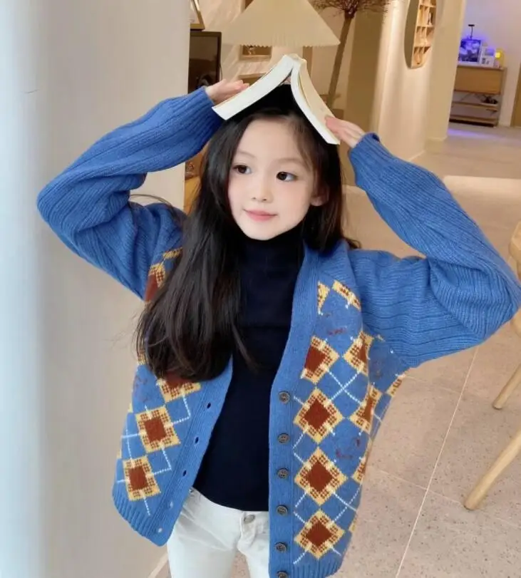 

2021 Presale October 10th Girls Boys Cardigans Woolen Blue Colour Sweet Baby Clothing High Quality Kids Sweaters