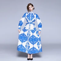 2021 new fall plus size fashion elgant robe femme vintage print maxi dress stand collar puff sleeve button christmas long dress