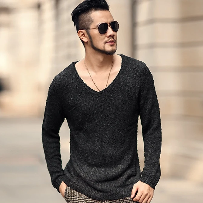 

2021 large size XXL V-neck men's fittings warm pullover chicken heart collar knitted sweater J603
