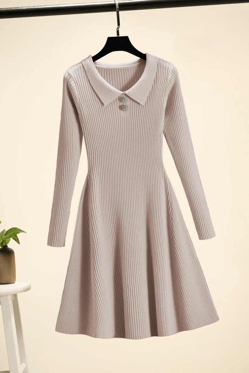 

Vintage A Line Dress Women Slim Turn Down Collar Button Elegant Dress Ladies Solid Knitted Sweater Dress Long Robe