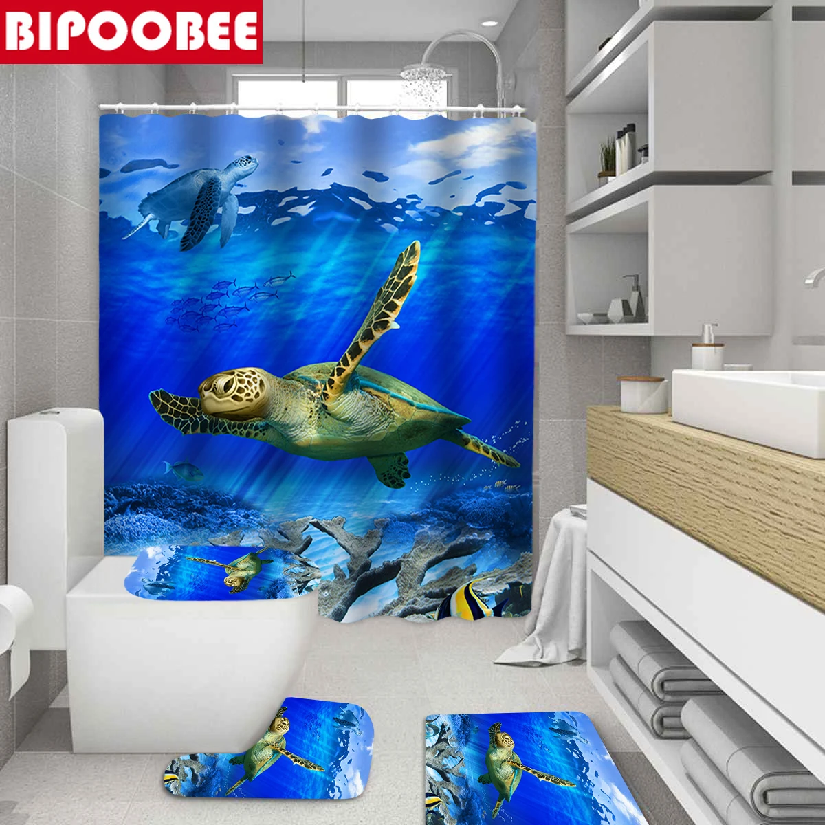 

3d Ocean Bathroom Curtain Sea Turtle Bath Mats Underwater World Scenery Modern Shower Curtains Non Slip Carpet Toilet Cover Rug