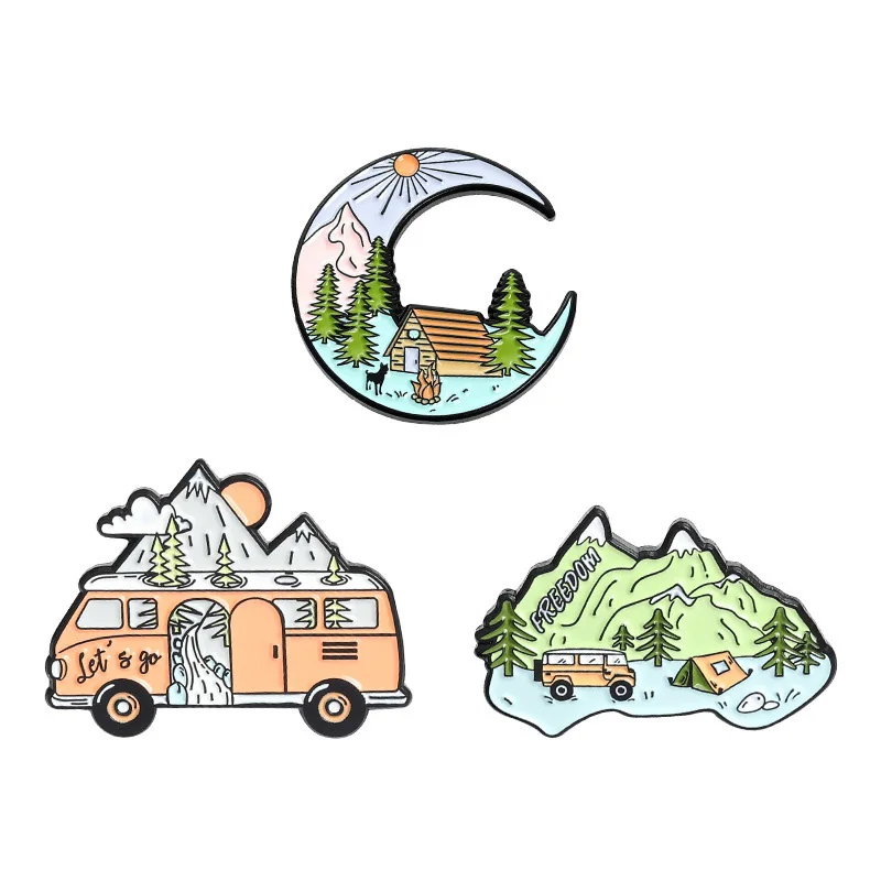 

Mountain Enamel Pins Adventure Brooches Camping Badges with Moon Lake Forest Tree Bus Jewelry Gift for Adventure Travel Lover