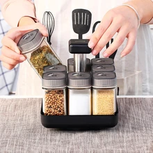Kitchen Spice Jar Set Rotating Glass Spice Rack Salt Shaker Pepper Pot Kitchen Gadget Set Oil Bottle Plastic Storage Container