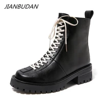 jianbudan womens autumn winter short boots cowhide split leather height increasing ankle boots waterproof plush warm snow boots