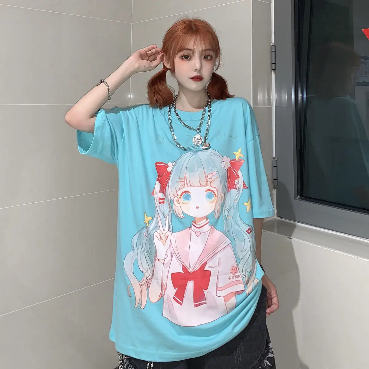 Женская футболка с короткими рукавами синяя принтом в японском стиле Харадзюку