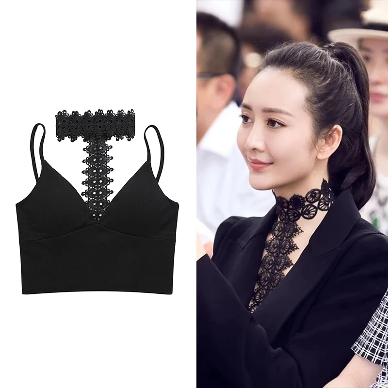 Женский укороченный топ без рукавов с кружевным воротником однотонный