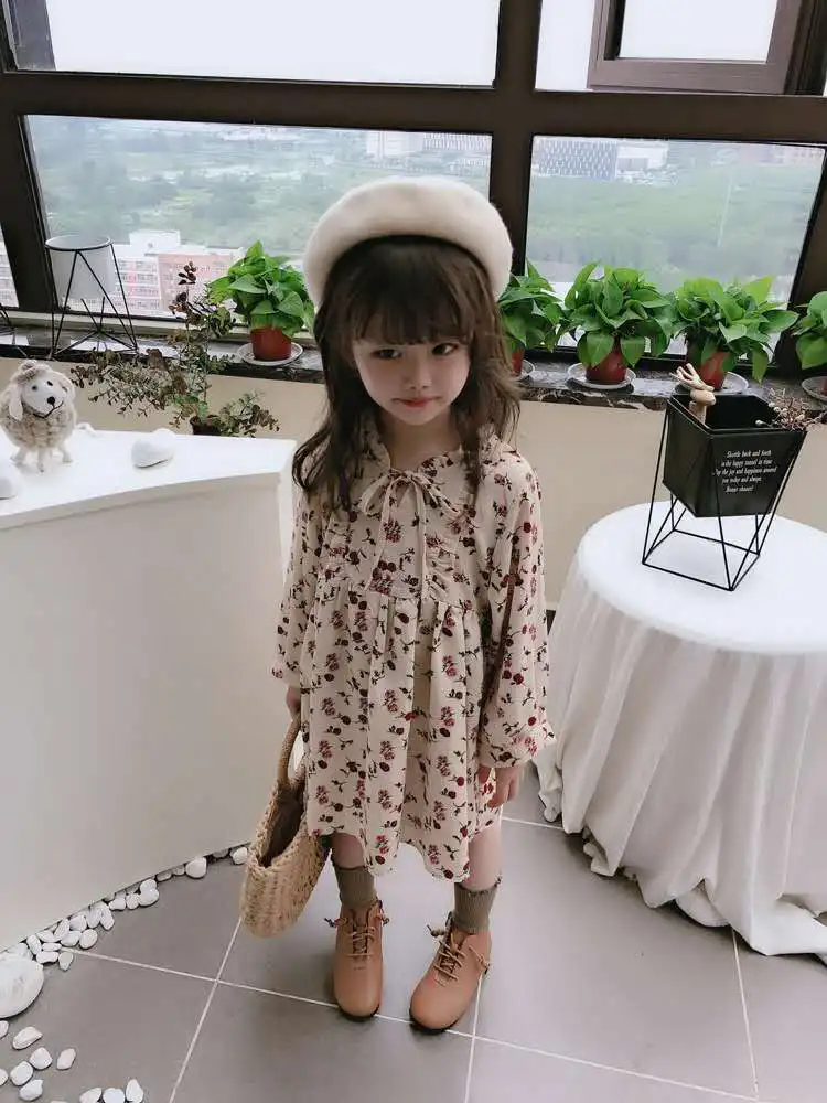 2020 spring and autumn new girl baby idyllic lace stand collar dress children rose print |