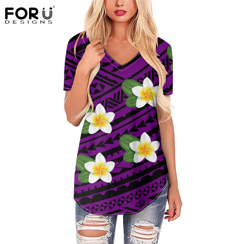 

FORUDESIGNS/Фиолетовый топы Enthic полинезийская Tribe узор Плюмерия, декорированные цветами; Женская повседневная одежда размера плюс с короткими ру...