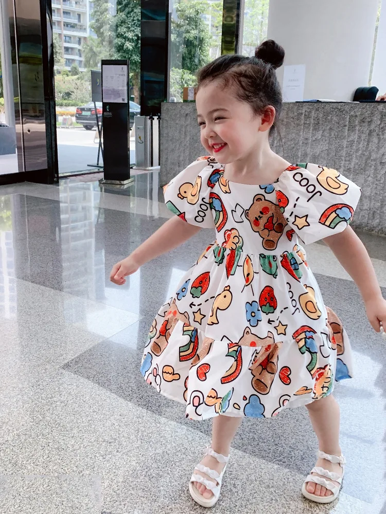 

Baby Toddler Girls Dress Colorful Puff Sleeve Dresses Princess Skirt 2021 Summer New Brand for Children Baby Clothing Suit