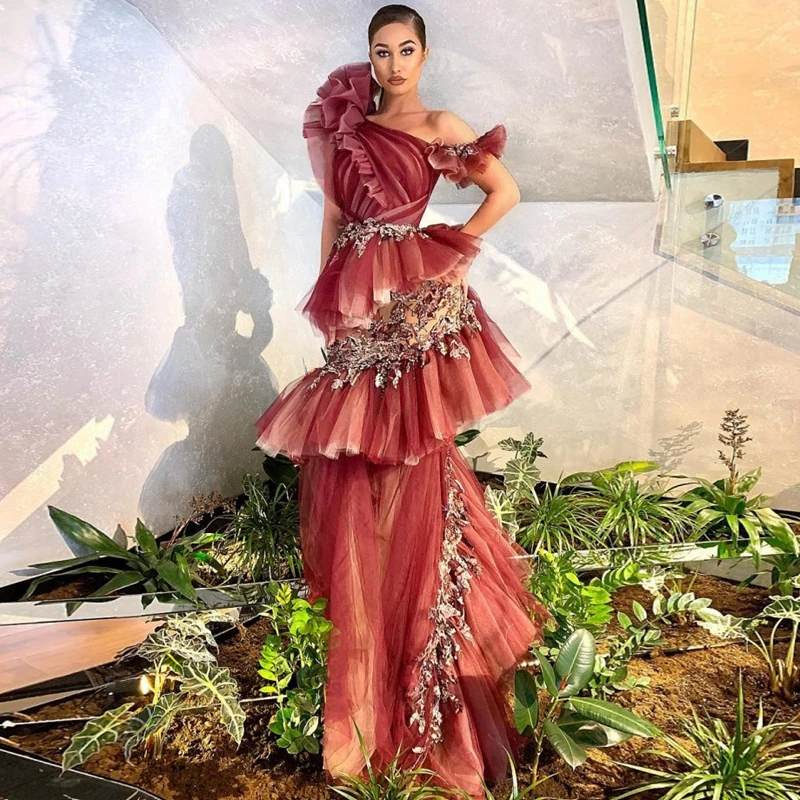 

Off Shoulder Long Evening Dresses Applique Floral Dress Ruffles Tulle Dress Layered Women's Evening Dress Elegant Red Dress